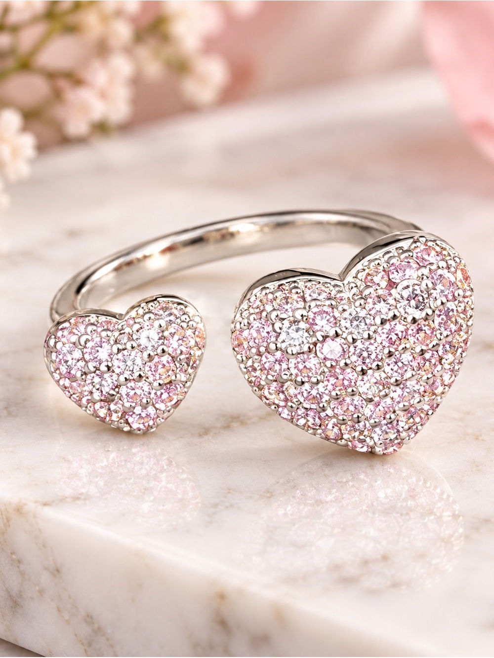 💕 Sparkling Double Heart Pavé Adjustable Open Band Ring | Silver Tone 💕